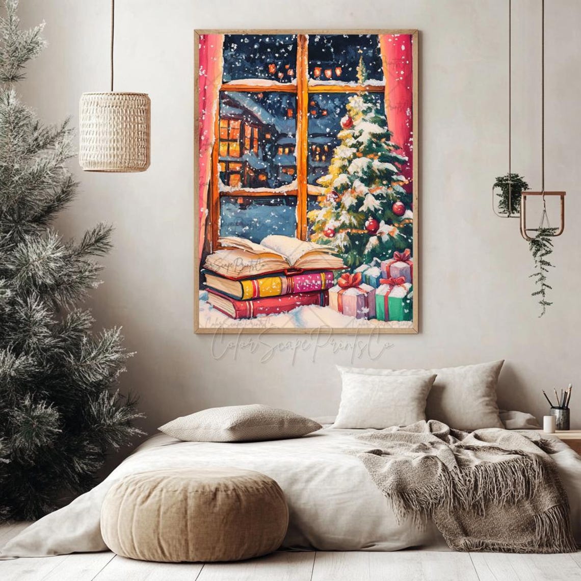 Festive Book Stack by Snowy Window Christmas Night Poster Art - Image 2