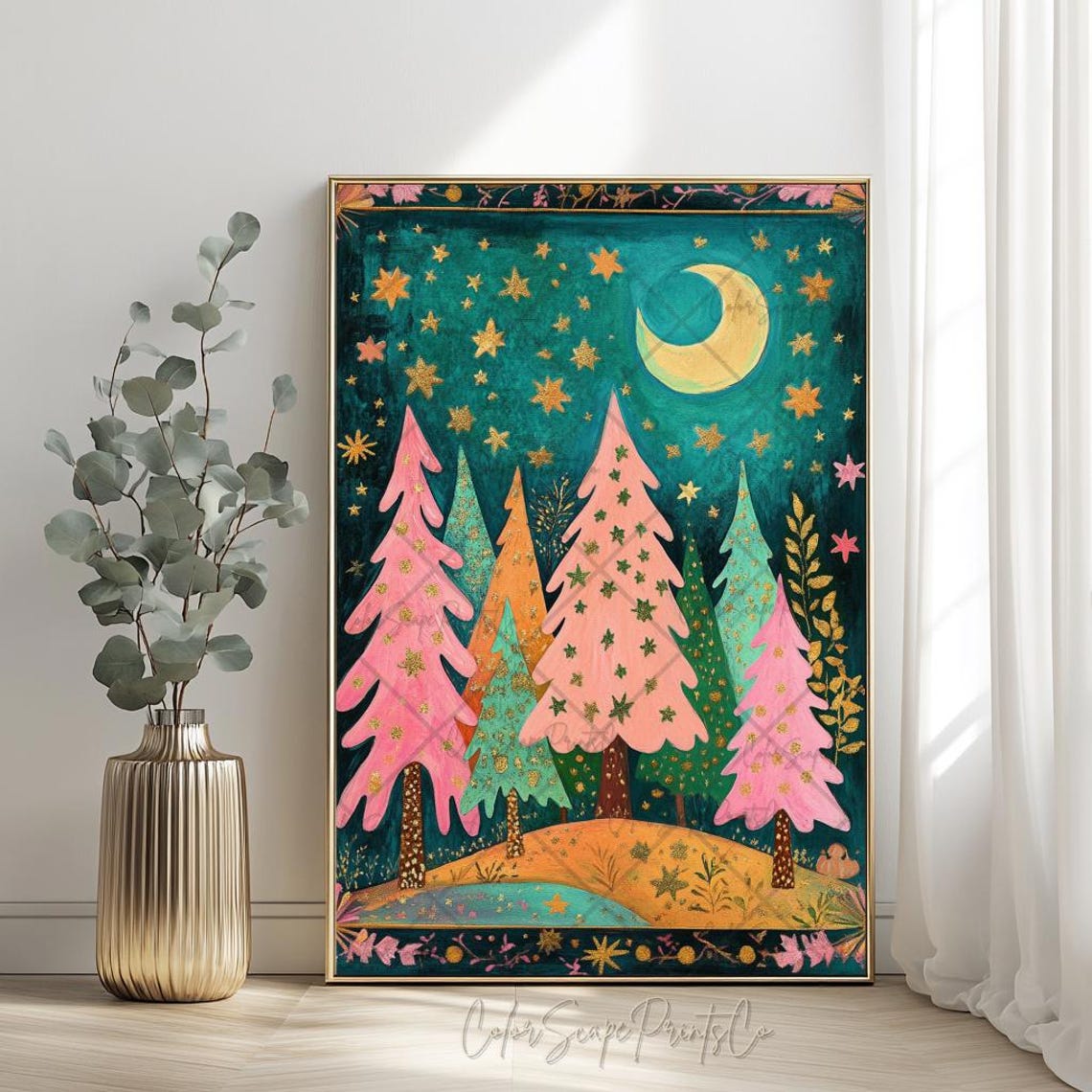 Colorful Rainbow Christmas Trees Moonlit Night Sky Stars Poster - Image 4