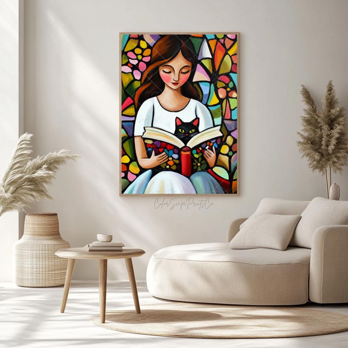 Reading Woman Painting Cat Reading A Book Print Woman And Cat Painting Black Cat Painting Colorful Book Art Reading Art Print Summer Reading - Image 2