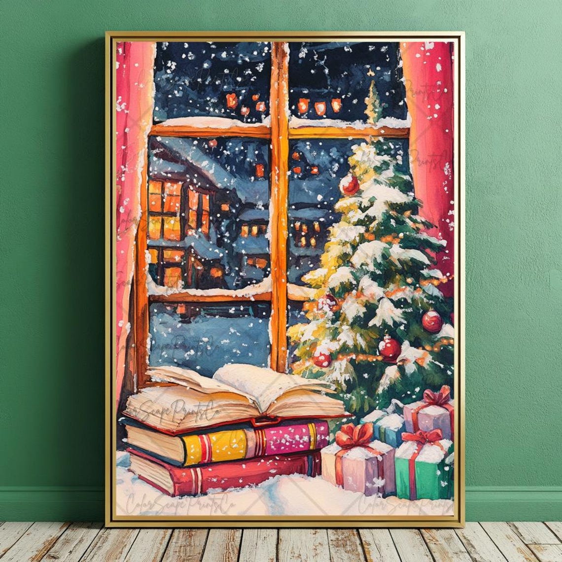 Festive Book Stack by Snowy Window Christmas Night Poster Art - Image 3