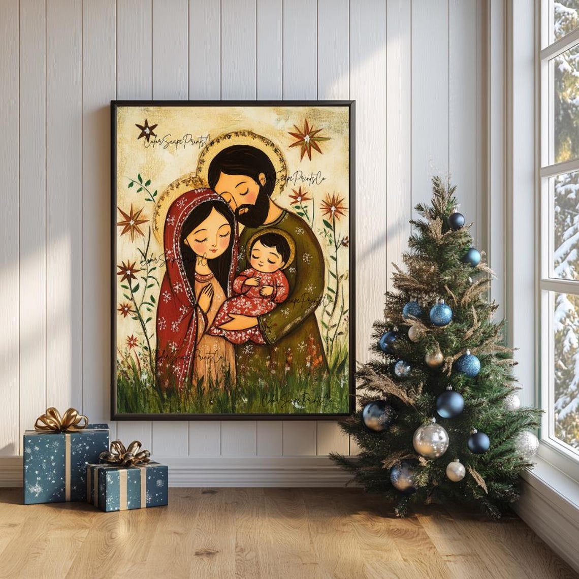 Jesus Mary Joseph Nativity Painting Holy Family Print Colorful Christmas Baby Jesus Print Birth Of Jesus Print Christian Wall Art - Image 2