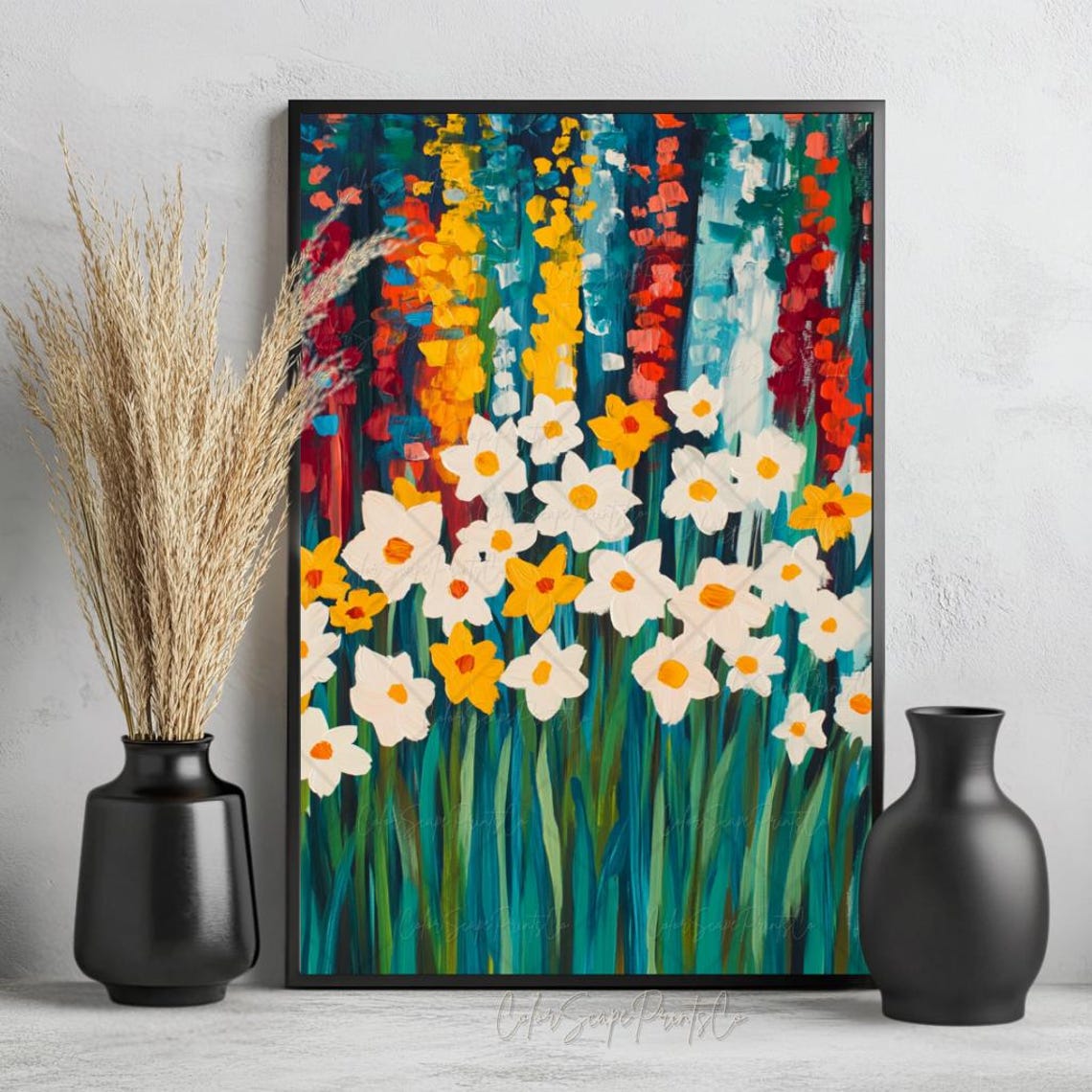 Daffodil Field Painting Bold White Yellow Flowers Impasto Wall Art - Image 4