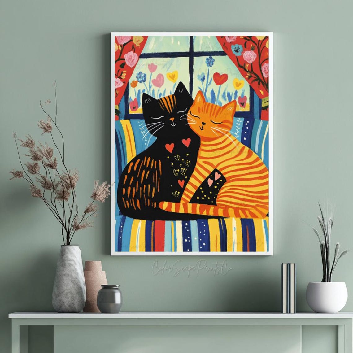 Valentine Cat Poster Colorful Cat Painting Romantic Cat Couple Art Black Cat Valentine Print Matisse Cat Poster Tabby Cat Art Meowentine Art - Image 4