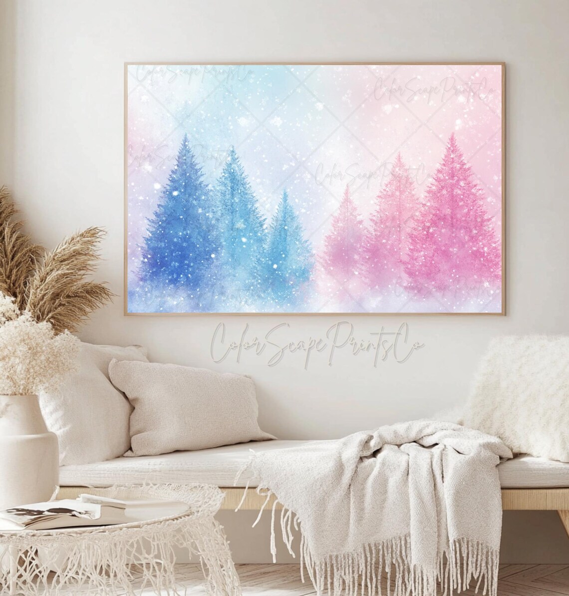 Pastel Ombre Blue Pink Pine Trees Snowy Forest Watercolor Poster - Image 2