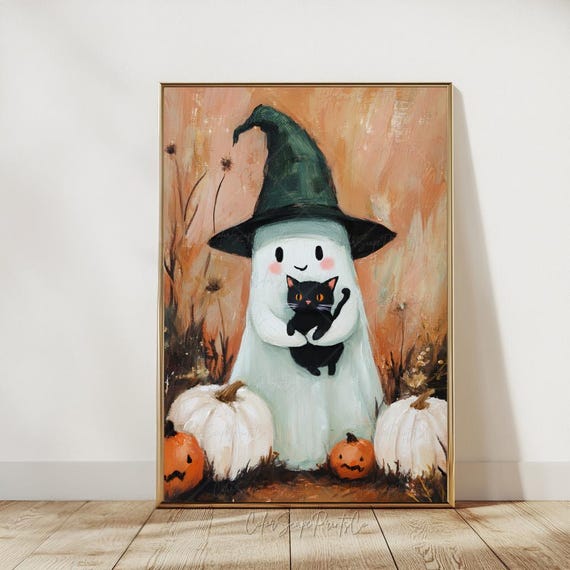 Halloween Wall Art Cute With Black Cat Print Dark Forest Spooky Whimsical Fall