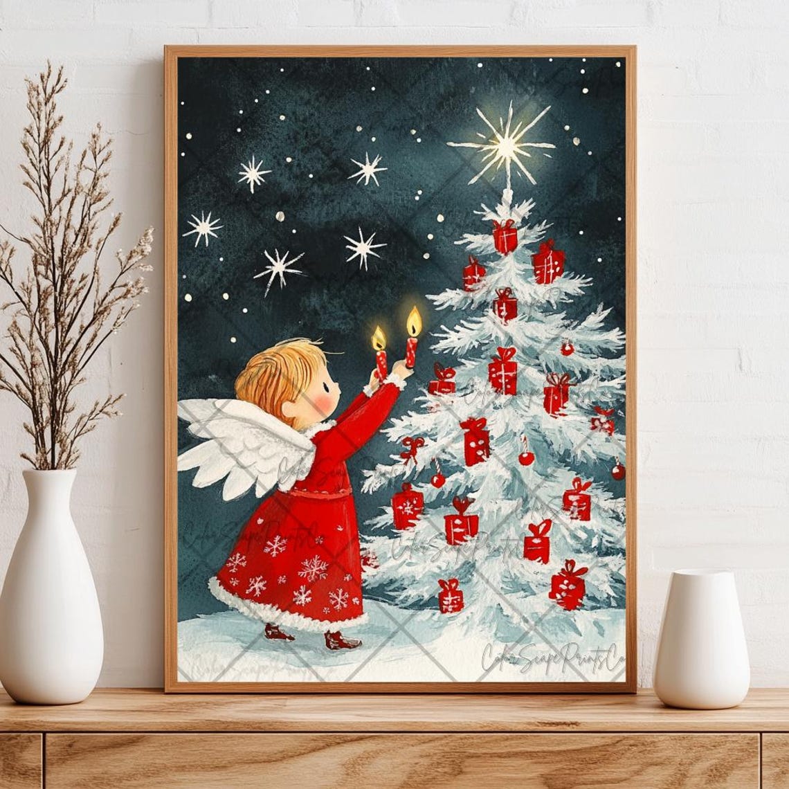 Christmas Angel Lighting Candles on Snowy White Tree Night Sky Poster - Image 3