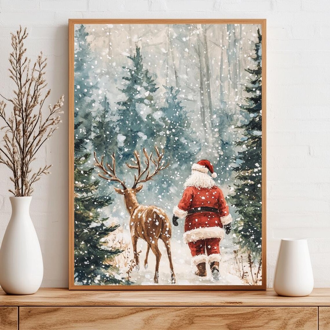 Santa Claus Walking with Reindeer Snowy Forest Watercolor Poster - Image 4