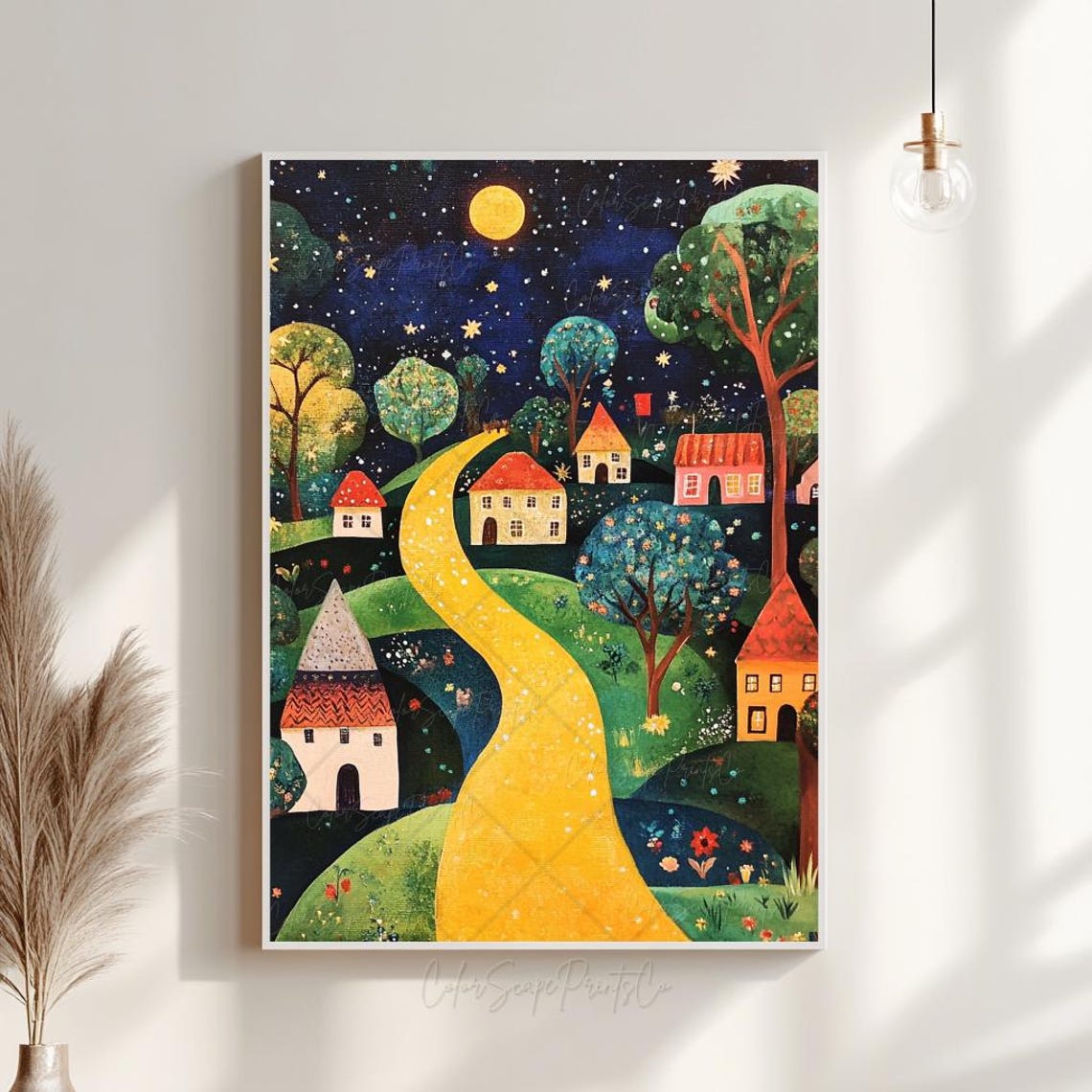 Colorful Houses Print Night Landscape Painting Mountain Scenery Whimsical Landscape Night Village Painting Colorful Wall Art Moon And Stars - Image 2