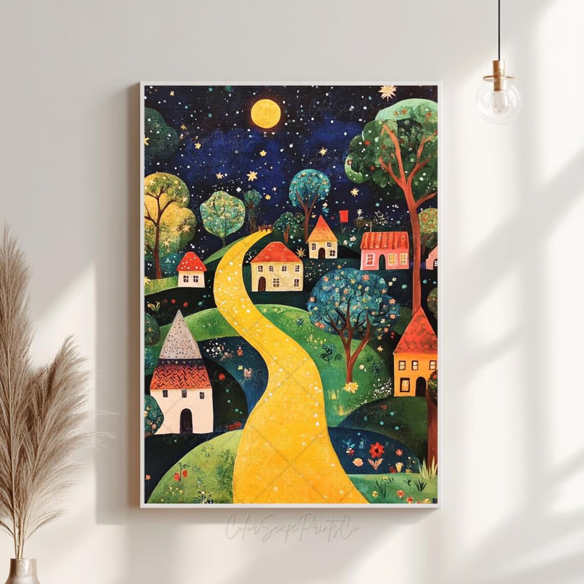 Storybook Village Night With Golden Path and Full Moon Poster - Image 2