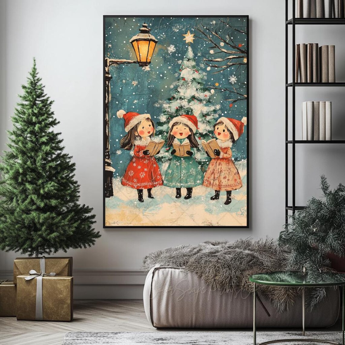 Vintage Christmas Carolers Three Girls Singing Snowy Night Poster - Image 4