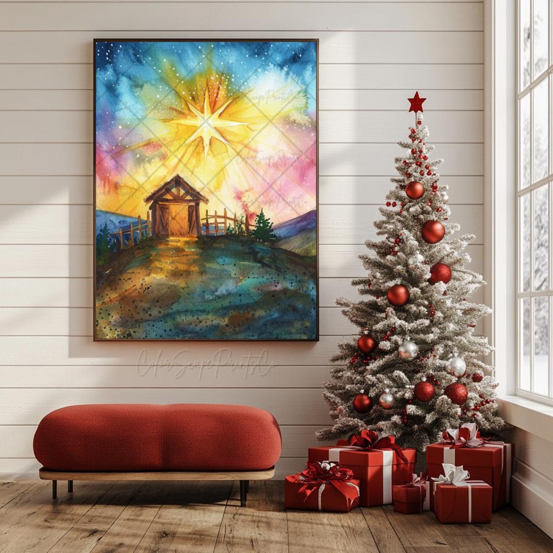 Star Of Bethlehem Painting Colorful Nativity Wall Art Manger Scene Print Christmas Star Print Christmas Landscape Painting Nativity Star Art - Image 4
