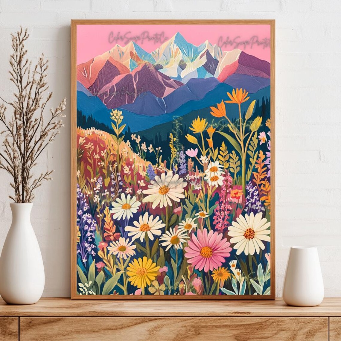 Pink Sky Mountain Wildflower Meadow Daisies Nature Art Poster - Image 3