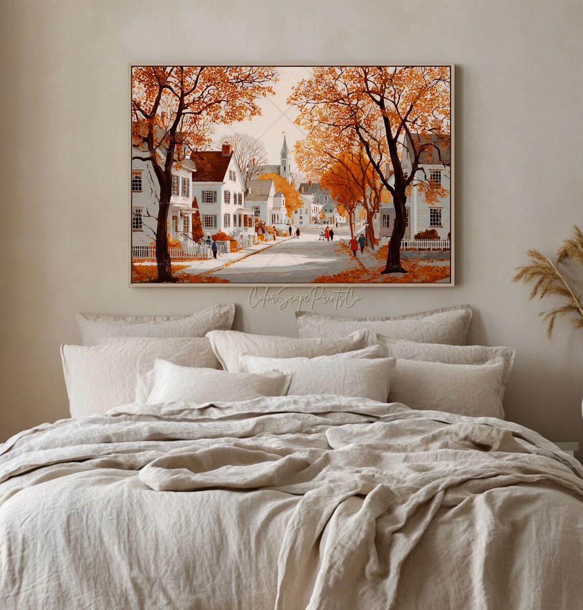 Autumn New England Street Orange Maple Trees Fall Village Landscape Poster