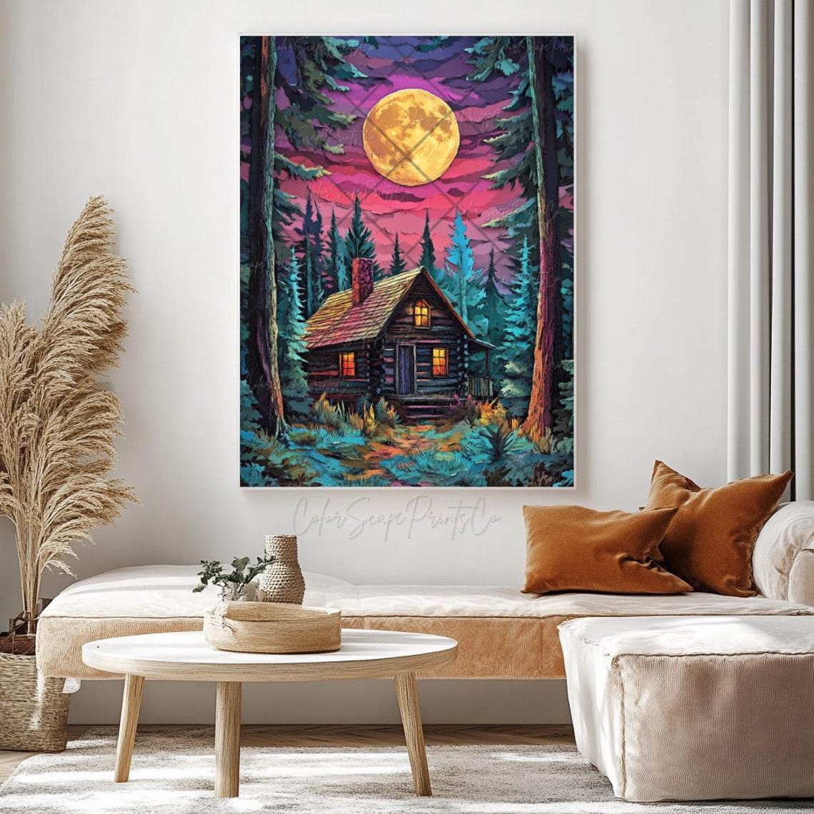 Cozy Moonlit Log Cabin Pine Forest Golden Moon Night Sky Poster - Image 4