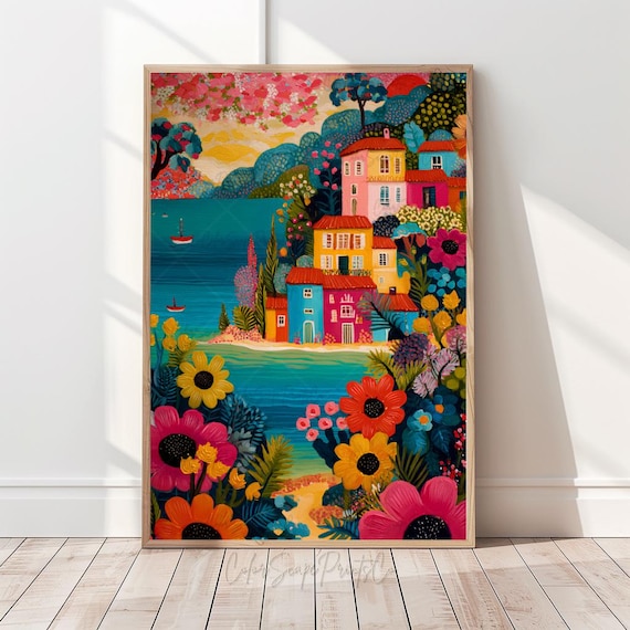 Vibrant Coastal Town Painting Colorful Seascape Folk Art Poster