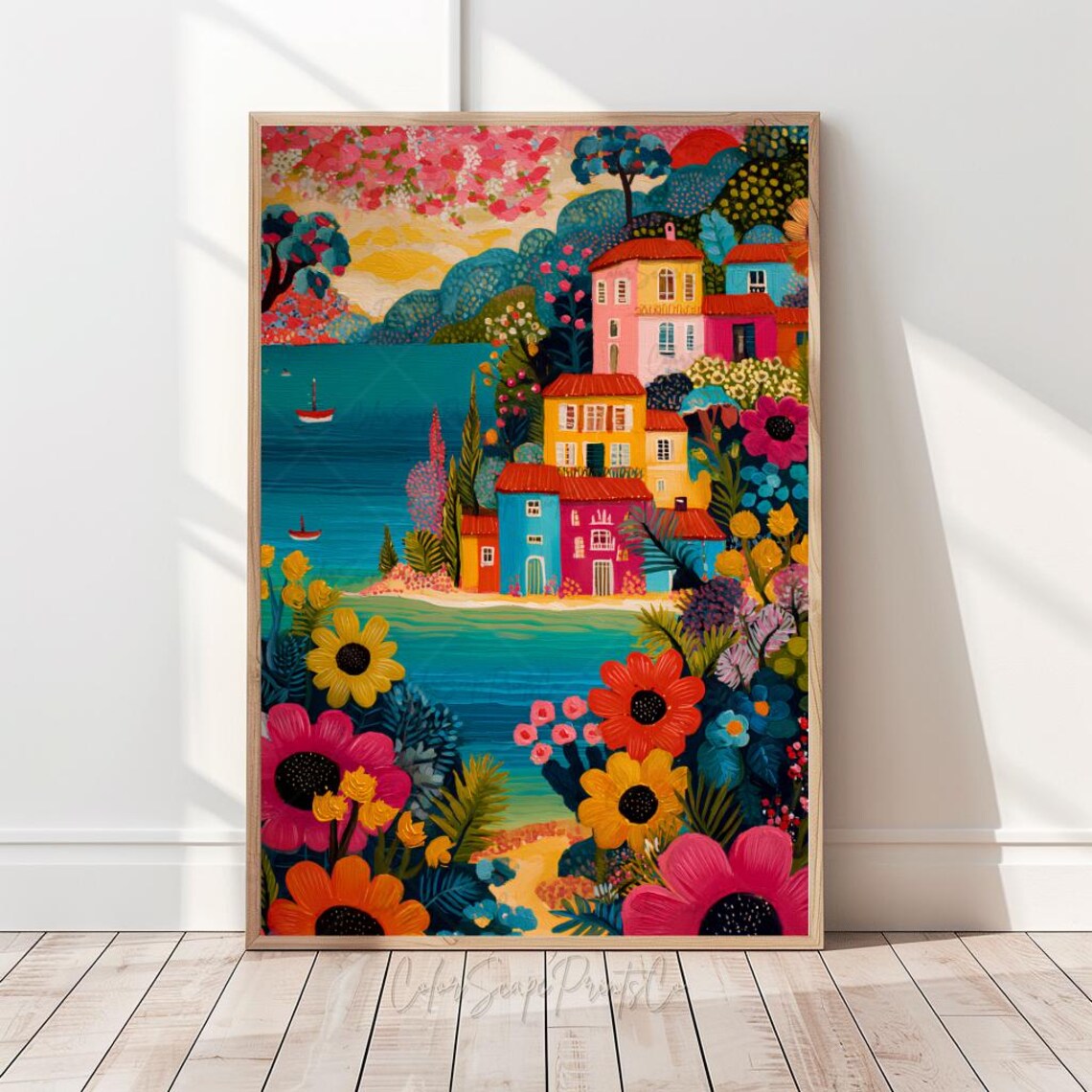Vibrant Coastal Town Painting Colorful Seascape Folk Art Poster