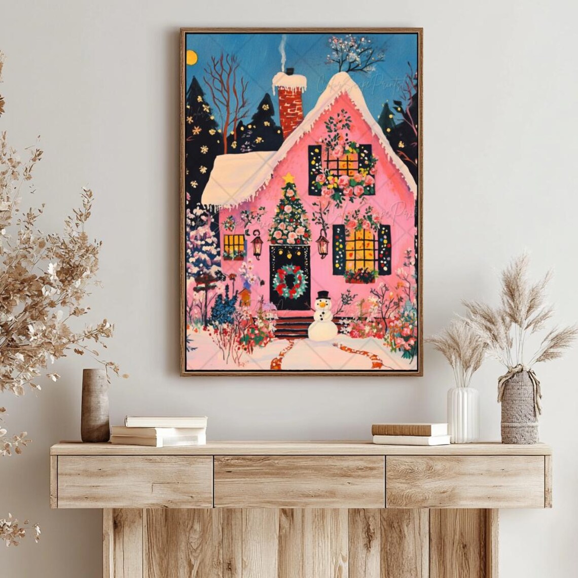 Pink Christmas House Art Print, Winter Village Decor - Image 4