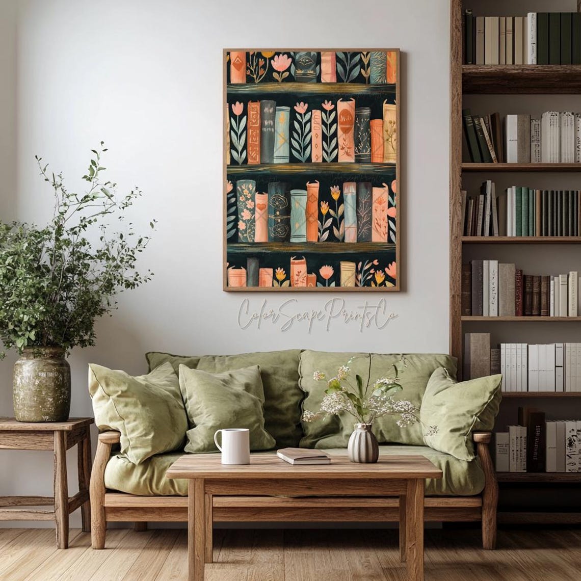 Dark Academia Bookshelf Illustrated Books and Flowers Poster - Image 3