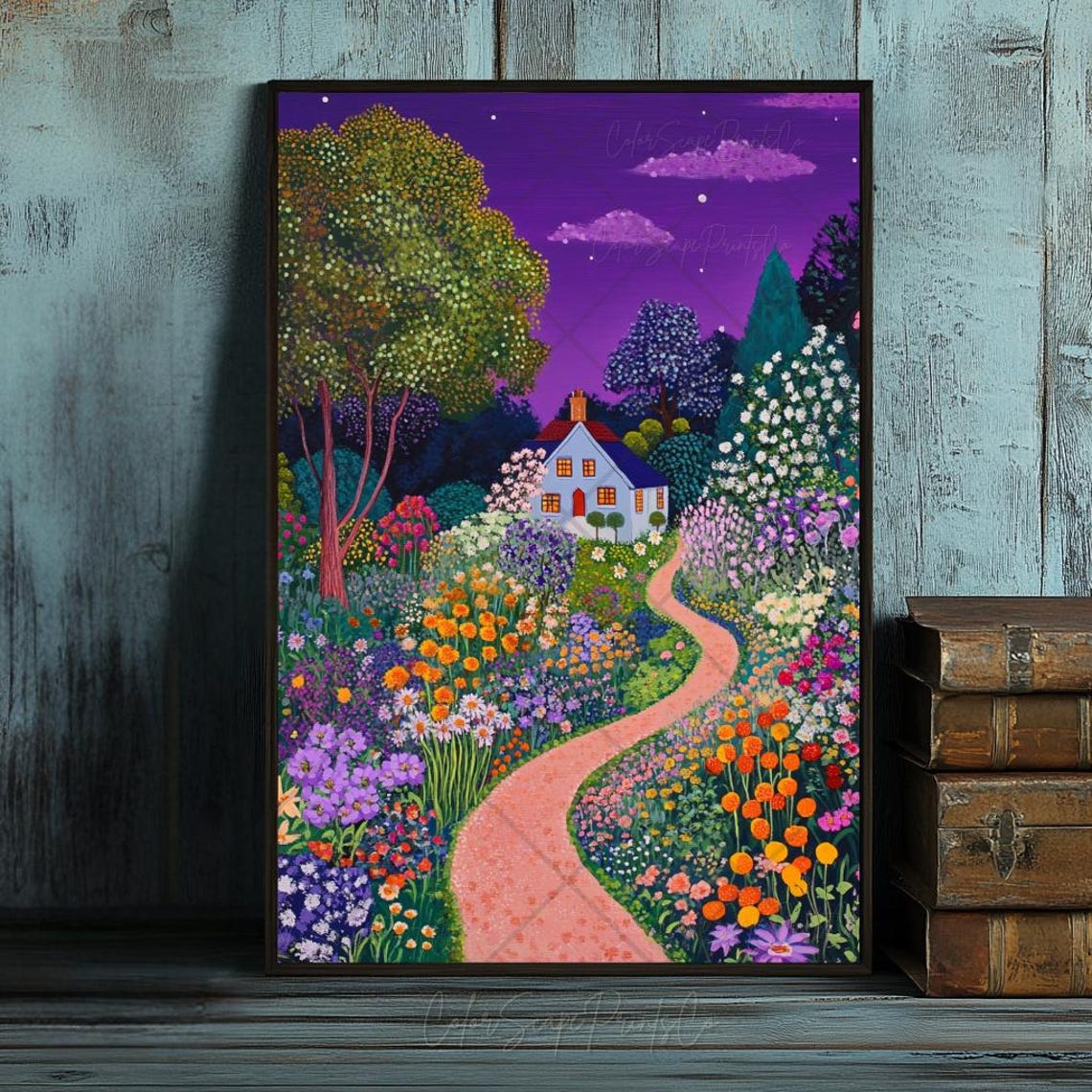 Winding Cottage Garden Path Under a Purple Night Sky Flowers Poster - Image 3