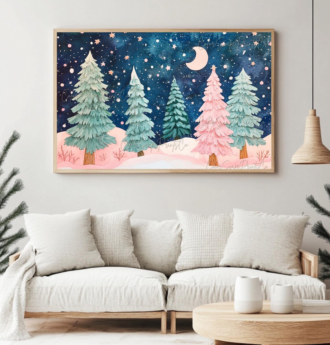 Pink Christmas Tree Winter Landscape Art Print - Image 4