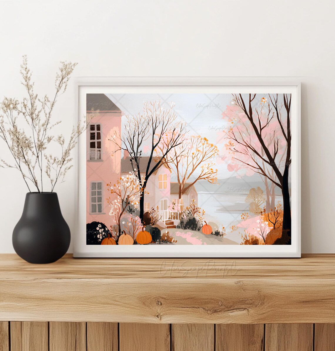 Pink Autumn Riverbank Cottage Landscape Warm Pastel Fall Trees Print