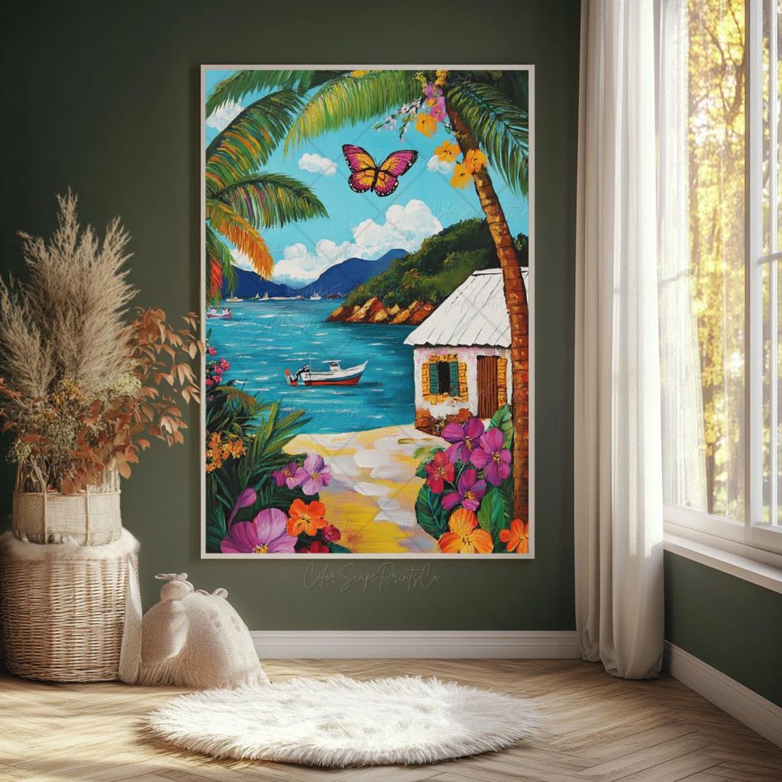 Tropical Beach Bay Painting Palm Butterfly Coastal Cottage Poster - Image 2