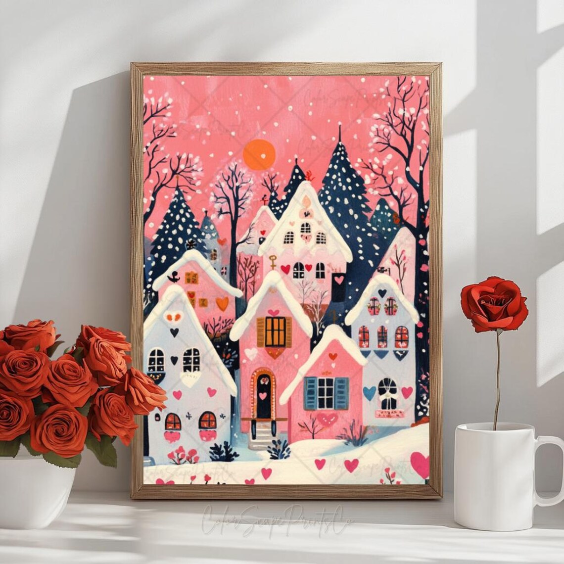 Pink Valentines House Print, Retro Winter Village - Image 2