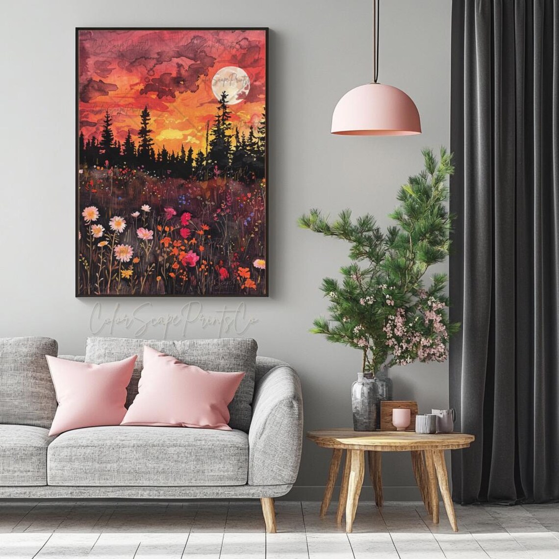 Field Of Flowers Painting Sunset Mountain Print Wildflower Field Framed Wall Art Botanical Landscape Sign Sun And Moon Sunset Wildflower Art - Image 2