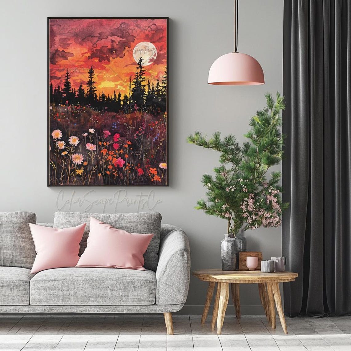 Wildflower Field Under Fiery Sunset Moon Dramatic Meadow Poster - Image 2
