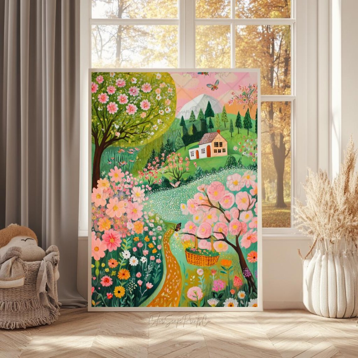 Hilltop Cottage Garden Painting Pink Blossom Spring Landscape Poster - Image 2