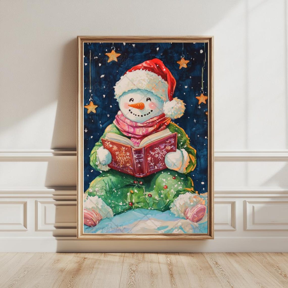 Cute Snowman Reading Book Starry Night Christmas Holiday Art Poster - Image 3