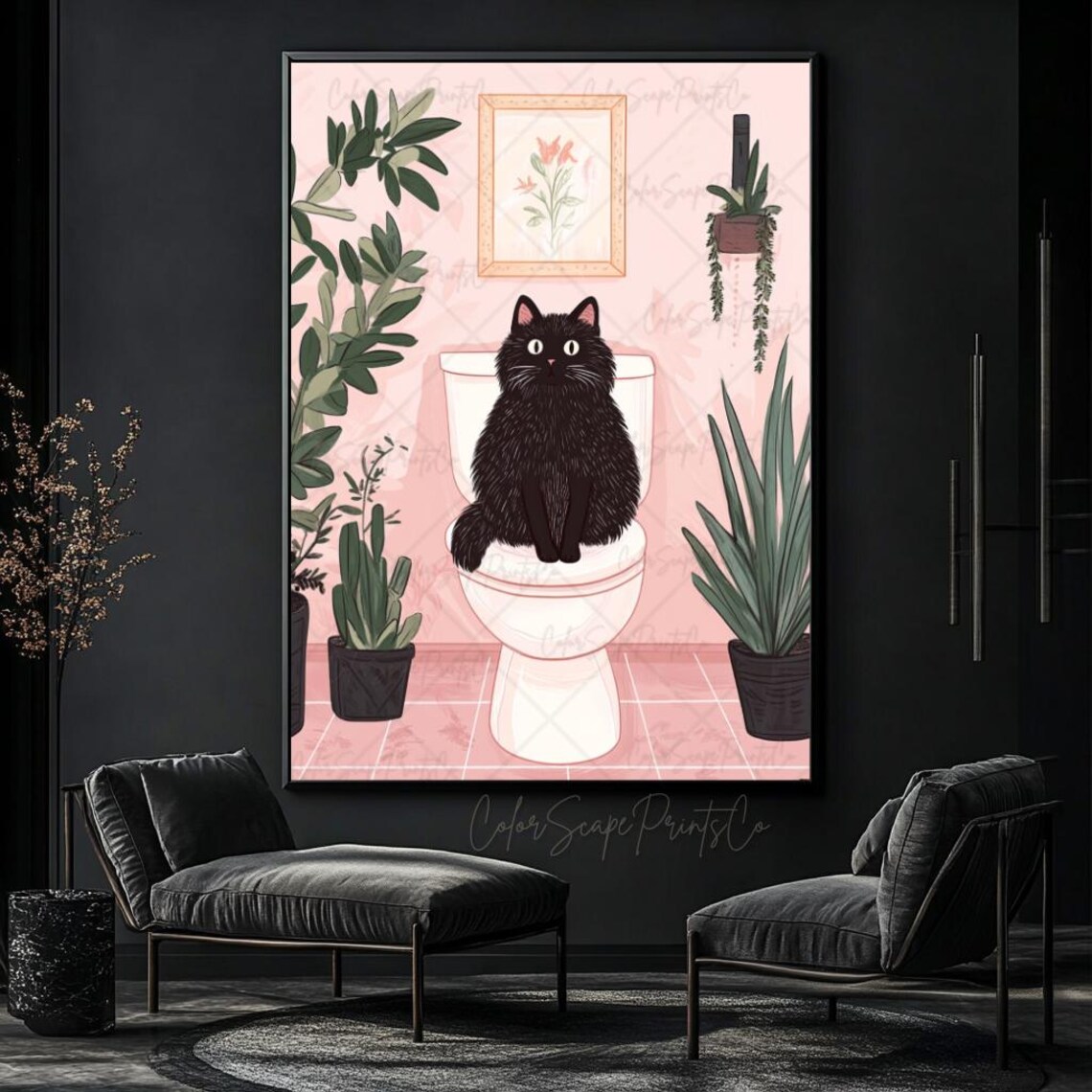 Funny Black Cat Sitting on a Toilet Pink Bathroom Plants Poster - Image 4