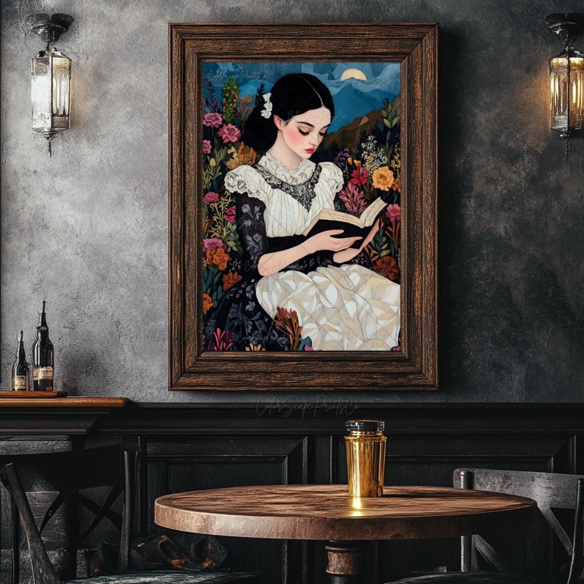 Victorian Woman Reading in Moonlit Flower Garden Dark Floral Poster - Image 4