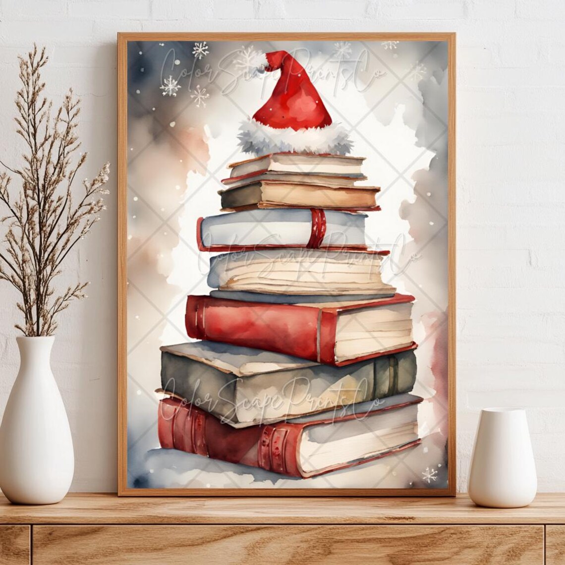 Stack of Books Topped with Santa Hat Watercolor Christmas Poster - Image 4