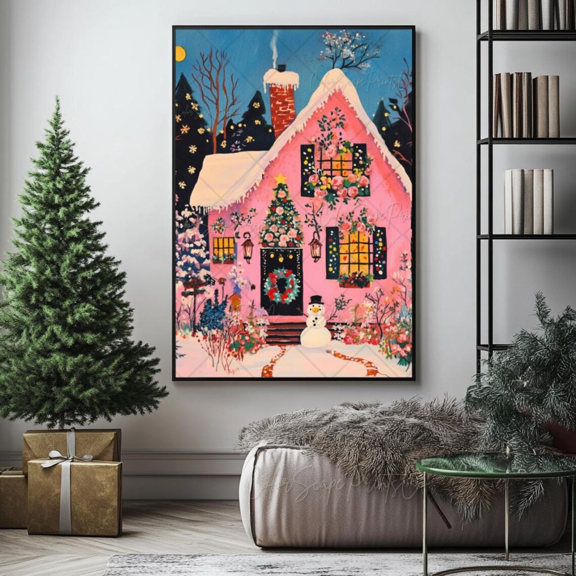 Pink Christmas House Art Print, Winter Village Decor - Image 3
