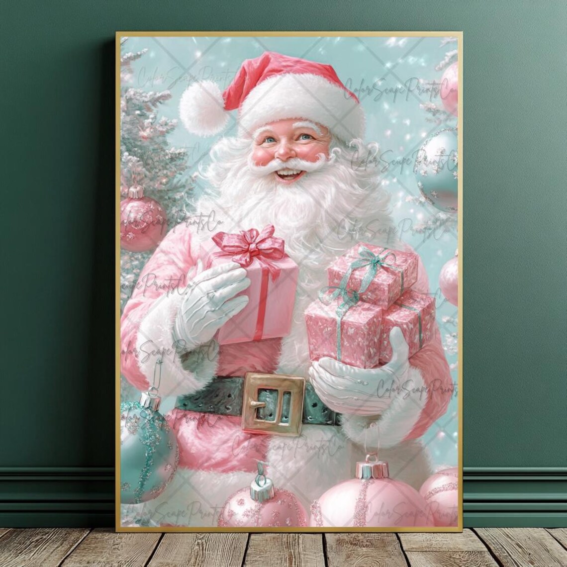 Jolly Pink Santa Claus With Gifts Pastel Christmas Decor Poster - Image 2