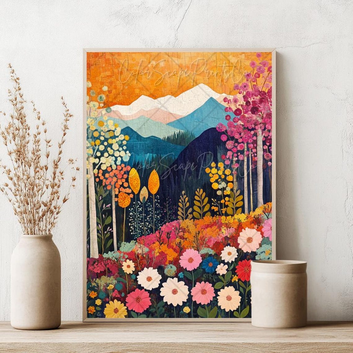 Colorful Wildflower Meadow Mountain Sunset Botanical Art Poster - Image 2