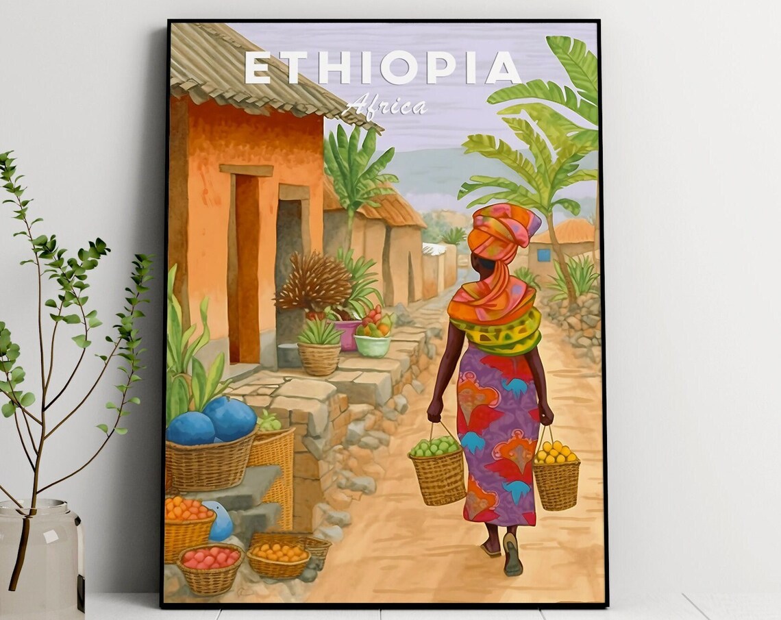 Ethiopia Illustration, African Village Travel Poster