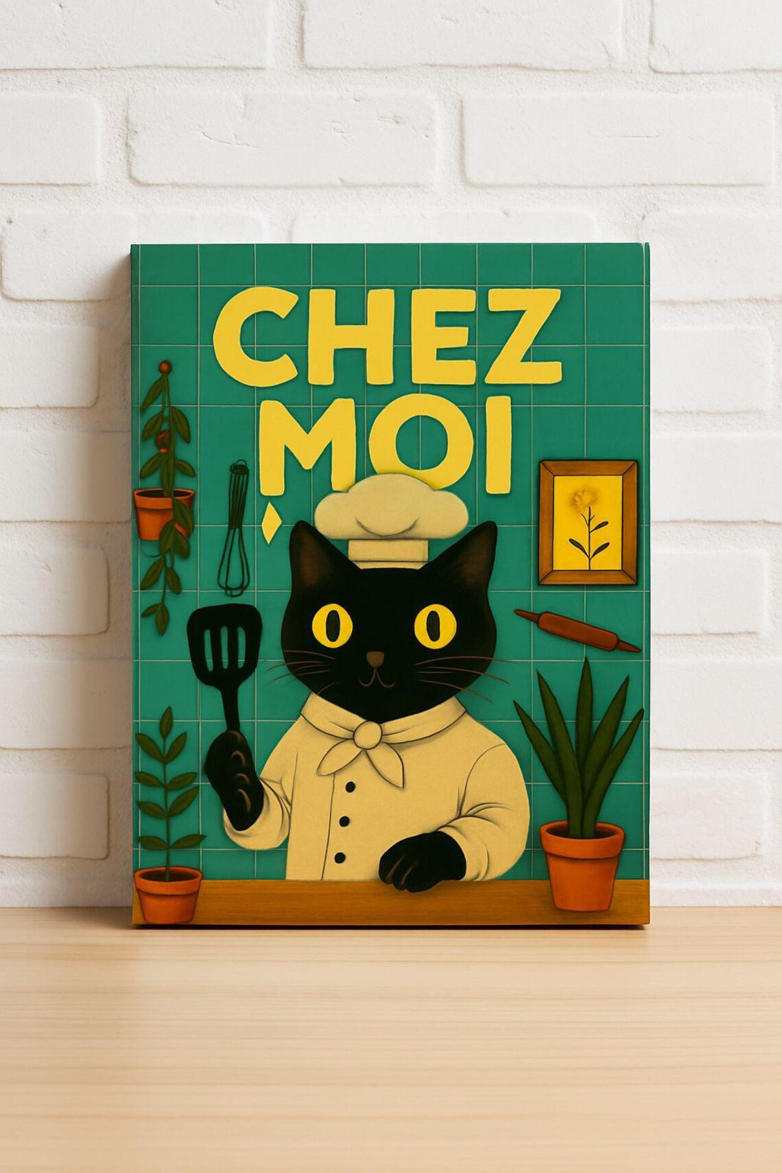 Chez Moi Black Cat Chef Cute French Kitchen Retro Cartoon Poster
