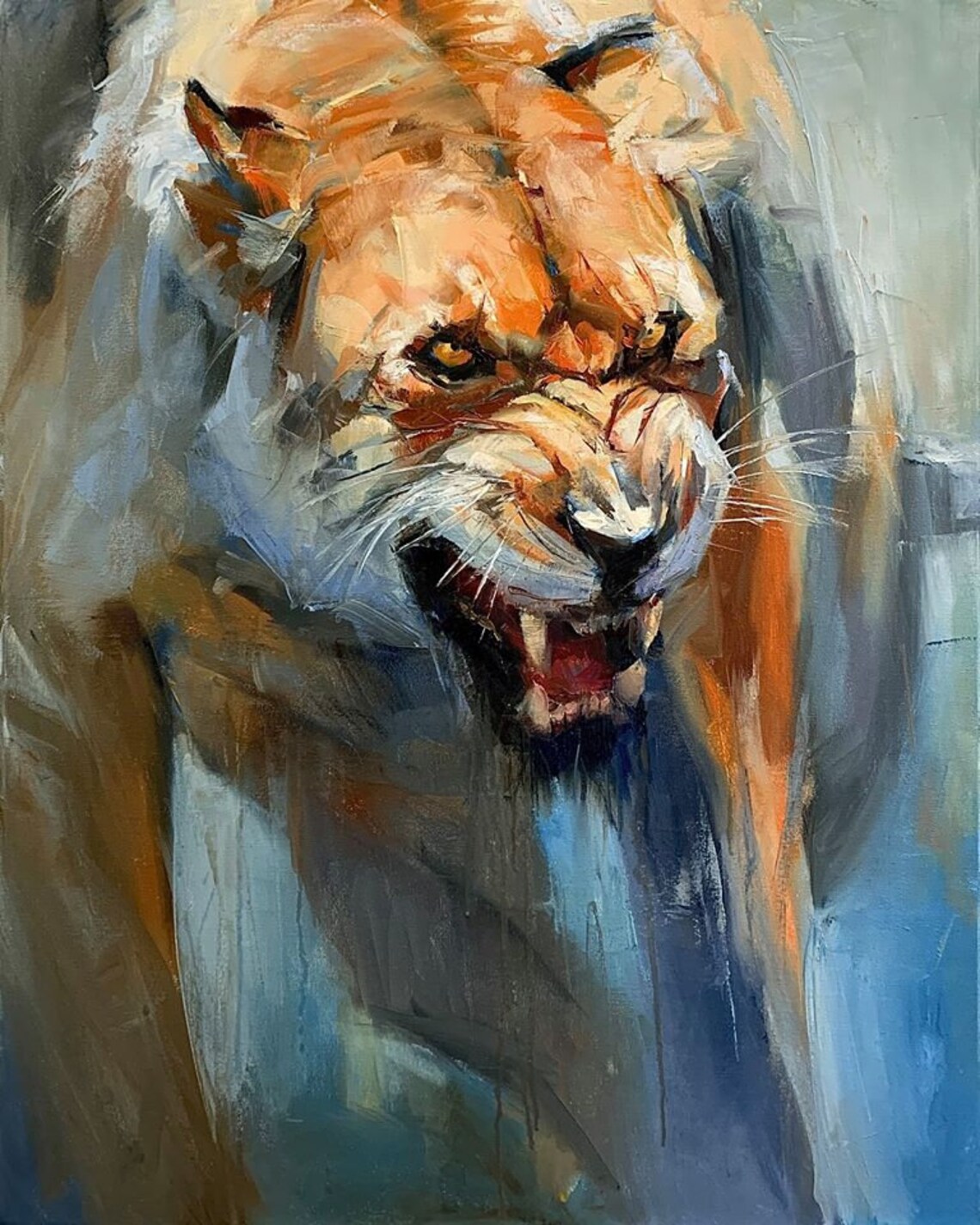Fierce Snarling Lion Wild Big Cat Oil Painting Wildlife Poster