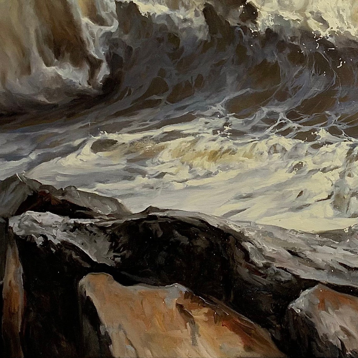Powerful Dark Ocean Waves Crashing Over Rocks Golden Foam Poster - Image 2