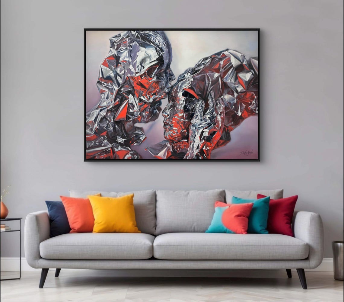Surreal Metallic Foil Faces Embrace Hyperrealist Oil Art Poster - Image 2