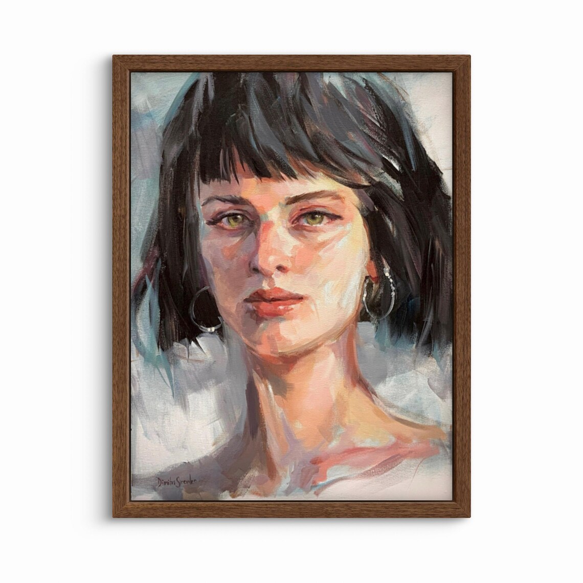 Elegant Woman Portrait Dark Bob Hoop Earrings Oil Painting Poster - Image 2