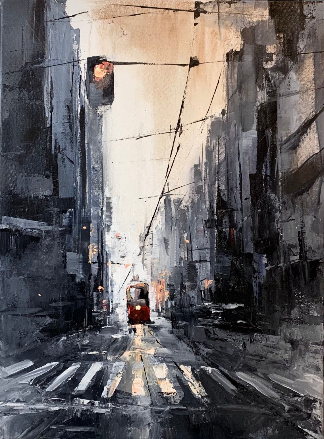 Red Streetcar on Misty Gray City Street Moody Urban Painting Poster