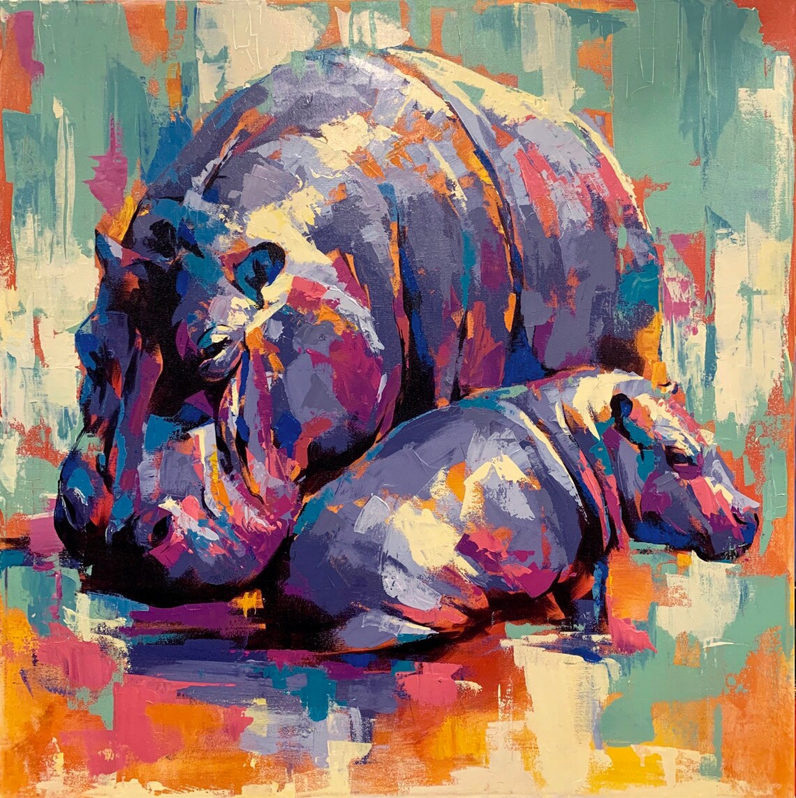 Mothering Hippo African Animal Portrait Art Print