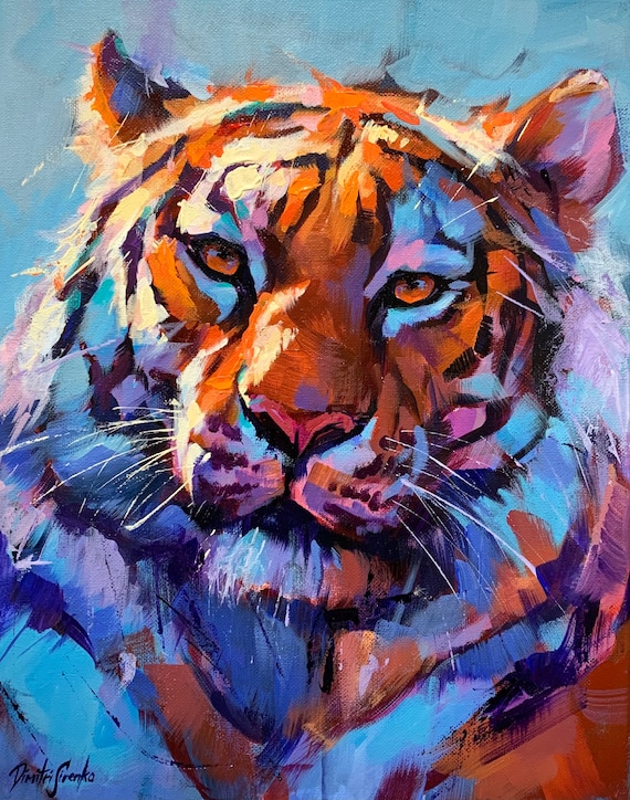 Colorful Tiger Face Close Up Bold Orange Blue Wildlife Art Poster