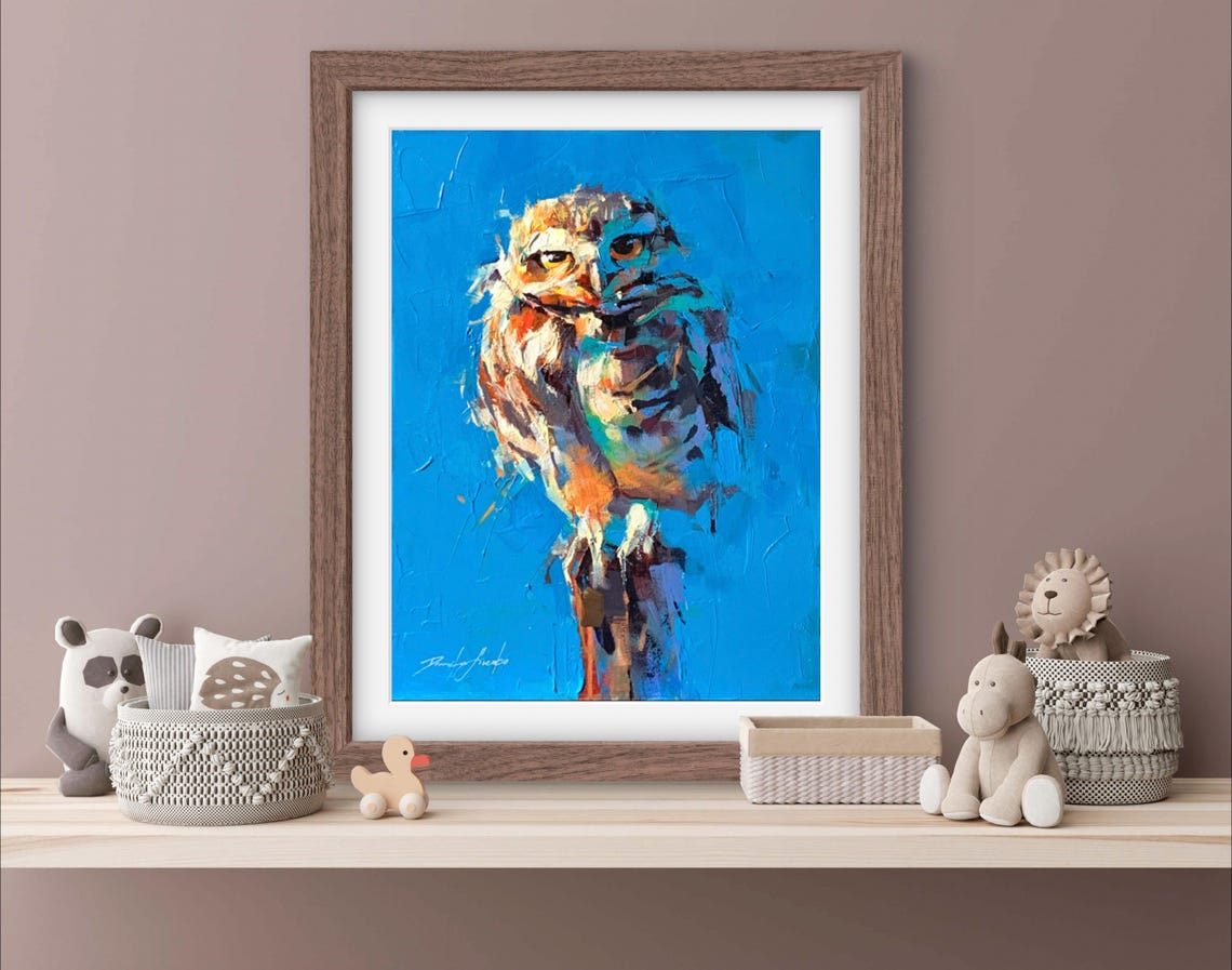 Colorful Abstract Owl Portrait On A Bright Blue Background Bird Poster