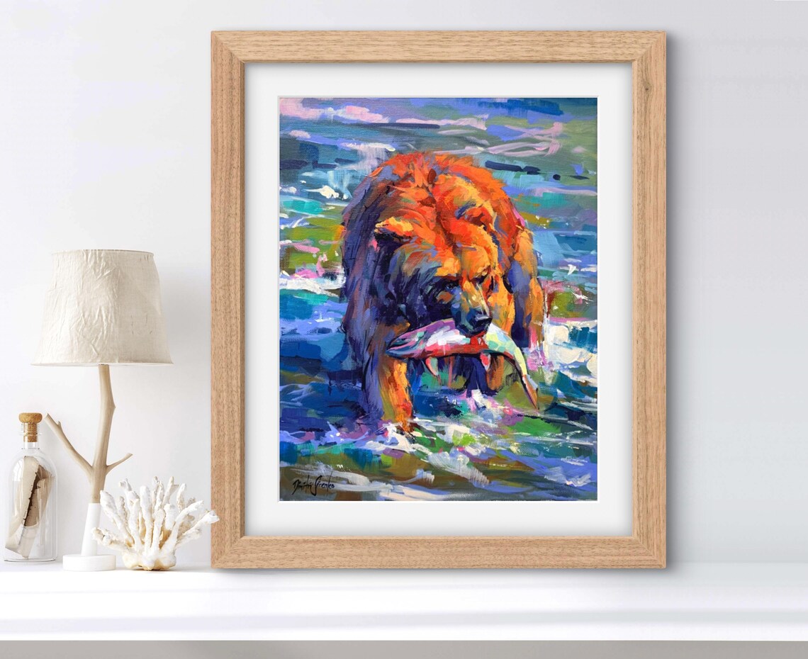 Great Catch Grizzly Bear Art Print, Rustic Nature - Image 2