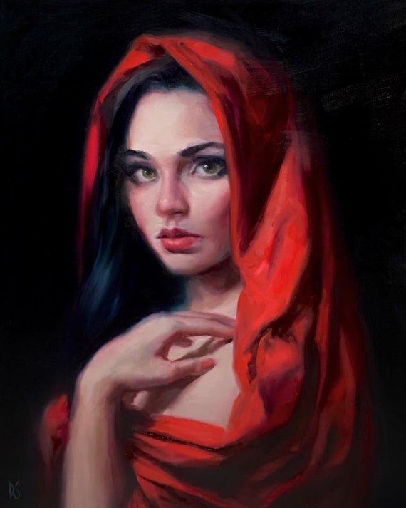 Art Print Crimson Soul Paper Female Portrait Wall Art Woman In Red Poster Handmaiden Surreal Painting Dark Gothic Victorian