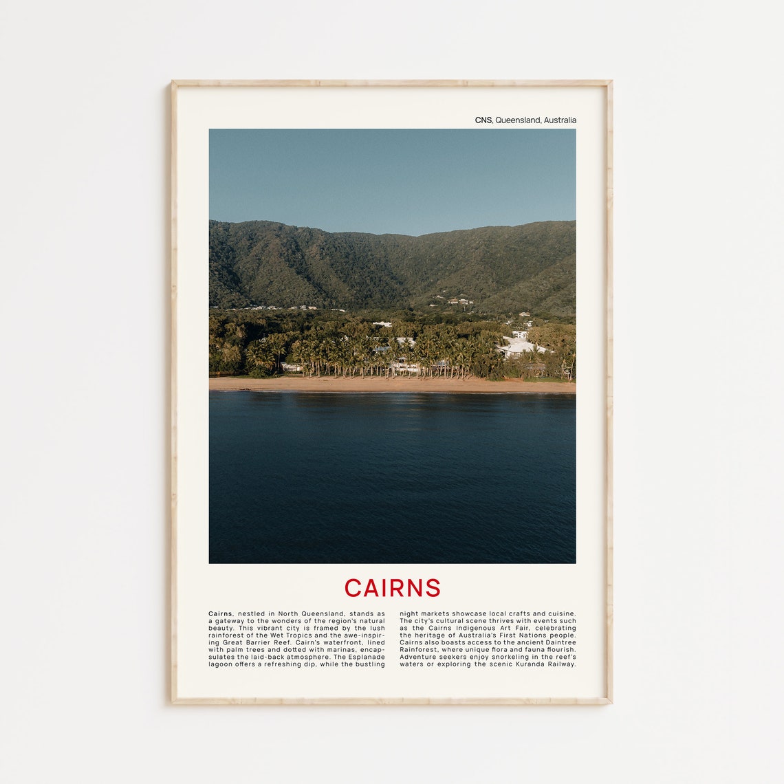 Cairns Tropical Beach Lined With Palms Beneath Green Mountains Poster
